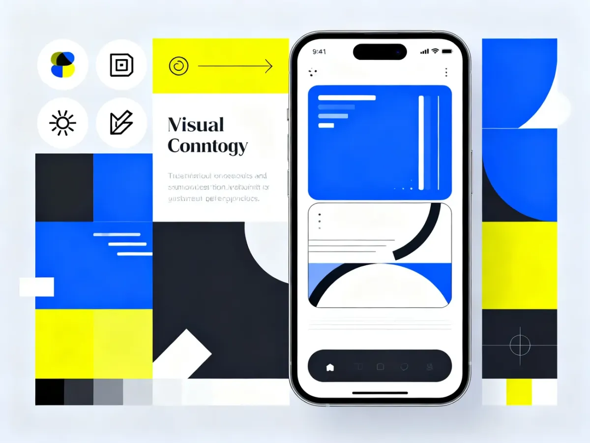 Moodboard przedstawiający ikony, kolory, typografię i interfejs cyfrowy