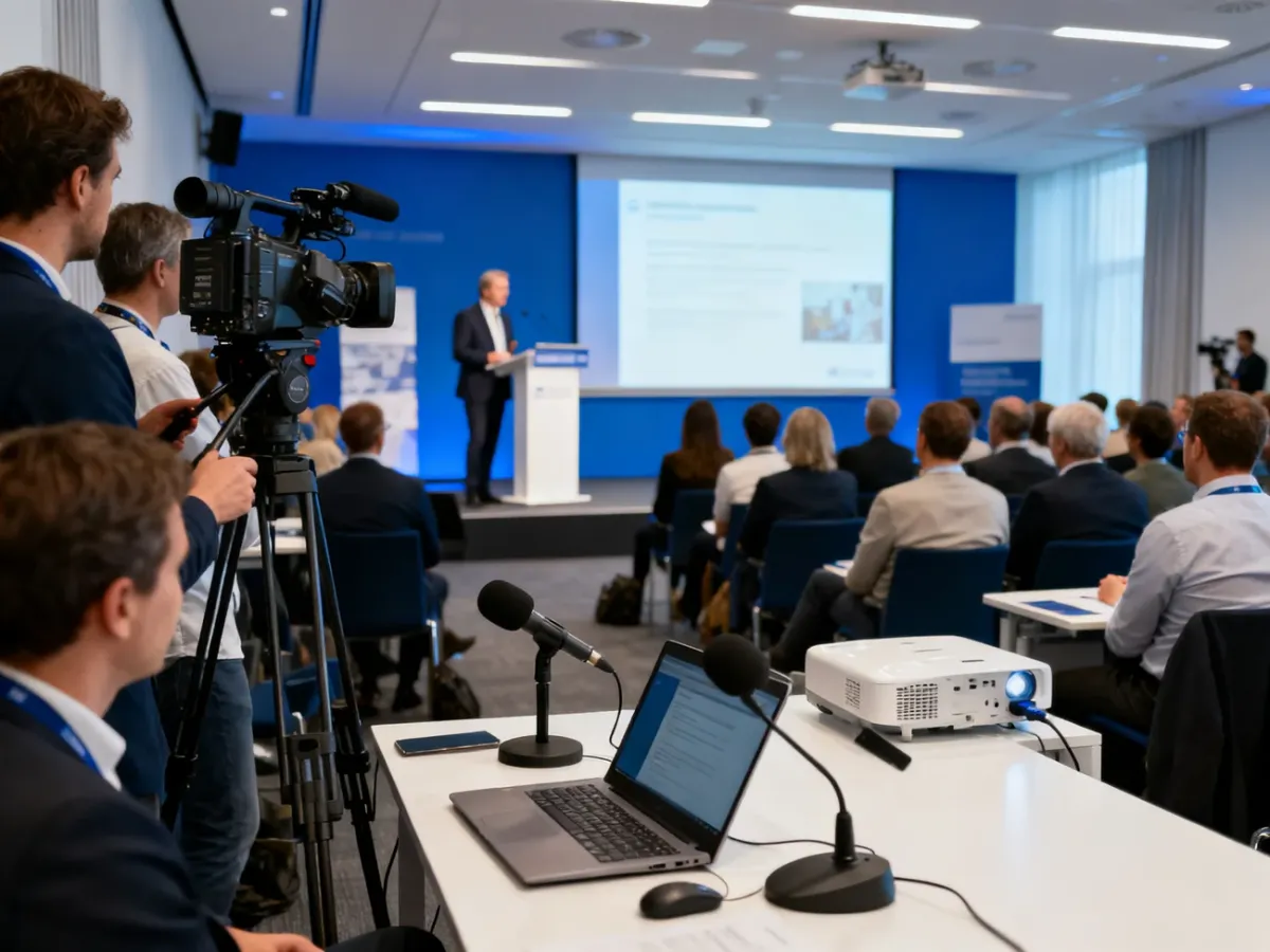 Profesjonalna konferencja prasowa z dziennikarzami, kamerami i prelegentami
