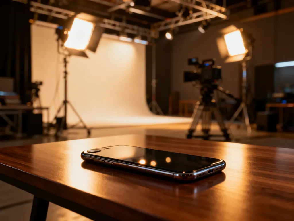Nowoczesny smartfon wyeksponowany na planie filmowym, ilustrujący proces lokowania produktu w produkcjach wideo.