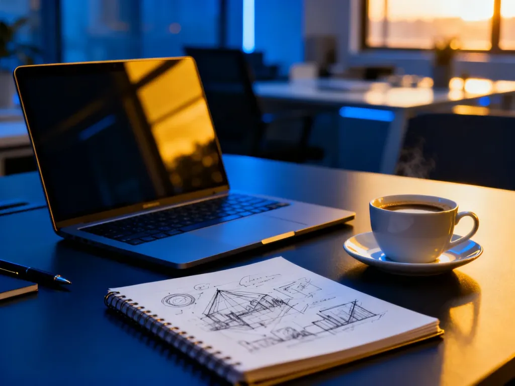 Biurko z laptopem, notatnikiem i kawą w nowoczesnym biurze, symbolizujące kreatywną pracę nad strategią marketingową.
