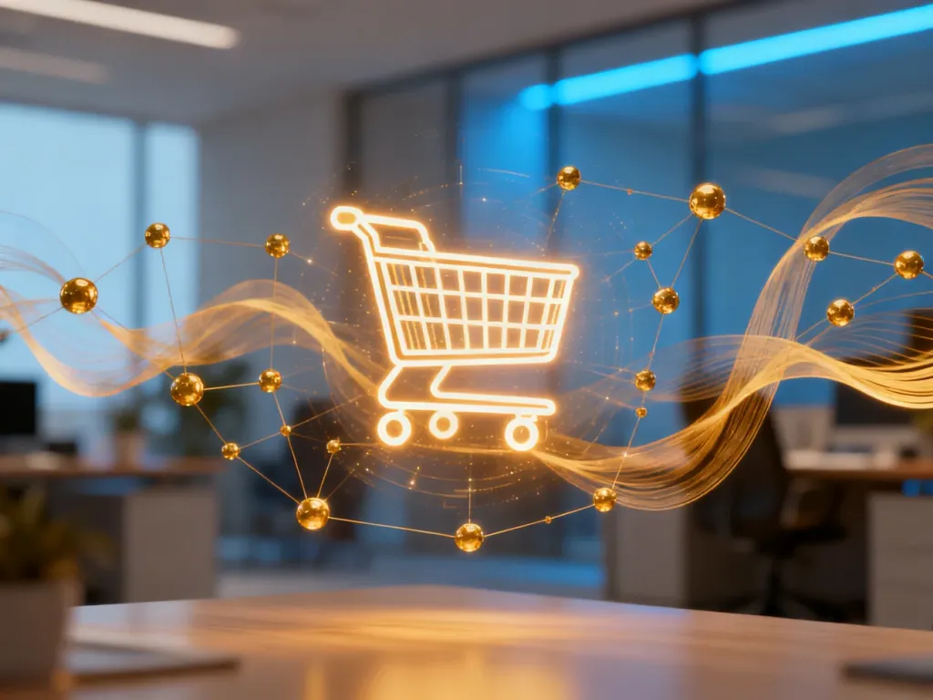 Świecąca ikona koszyka zakupowego otoczona cyfrowymi liniami danych, symbolizująca proces remarketingu i ścieżkę klienta.