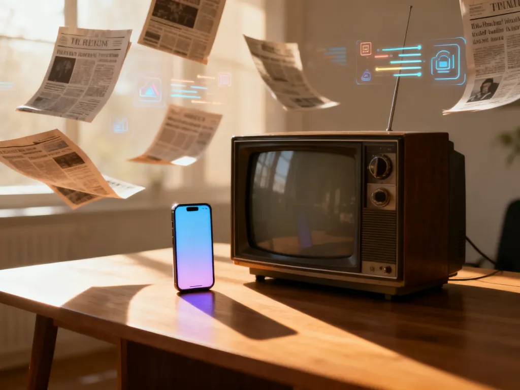 Stary telewizor i nowoczesny smartfon na biurku, symbolizujące ewolucję mediów od tradycyjnych po cyfrowe.