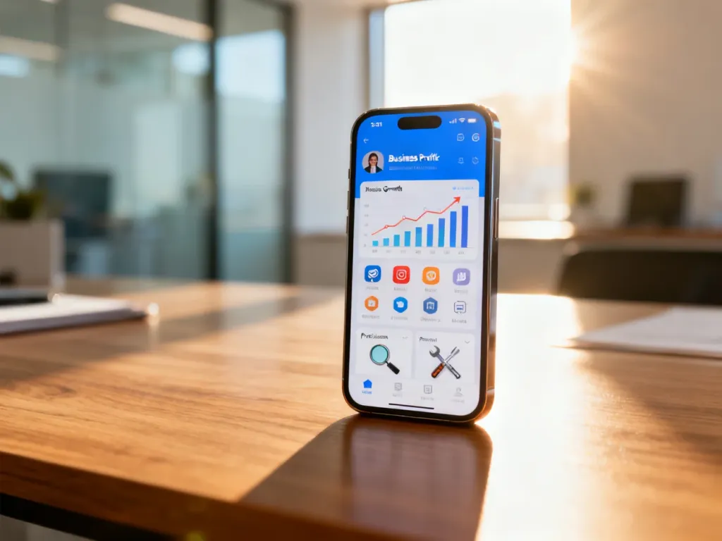 Smartfon z panelem analitycznym profilu firmowego na Instagramie, leżący na biurku w nowoczesnym biurze.