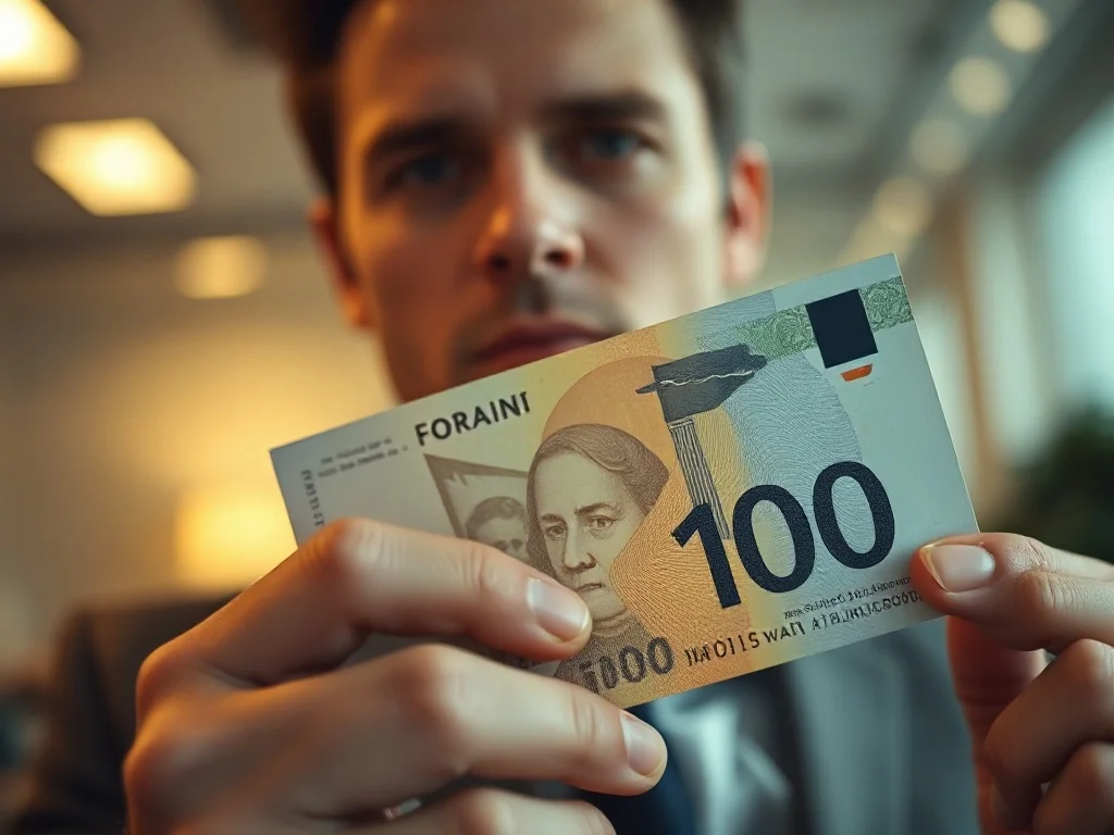 Zbliżenie na unikalny numer seryjny banknotu trzymanego w dłoniach na tle profesjonalnego biura.