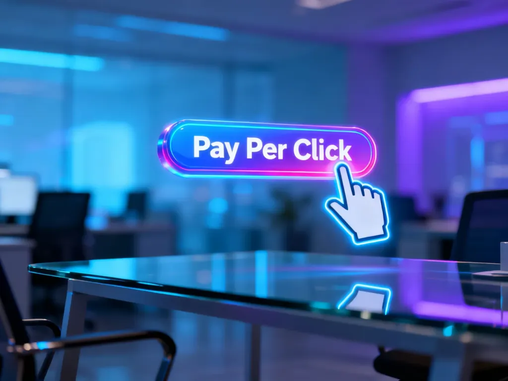 Futurystyczny kursor klikający przycisk „Pay Per Click”, symbolizujący nowoczesne podejście do marketingu cyfrowego.