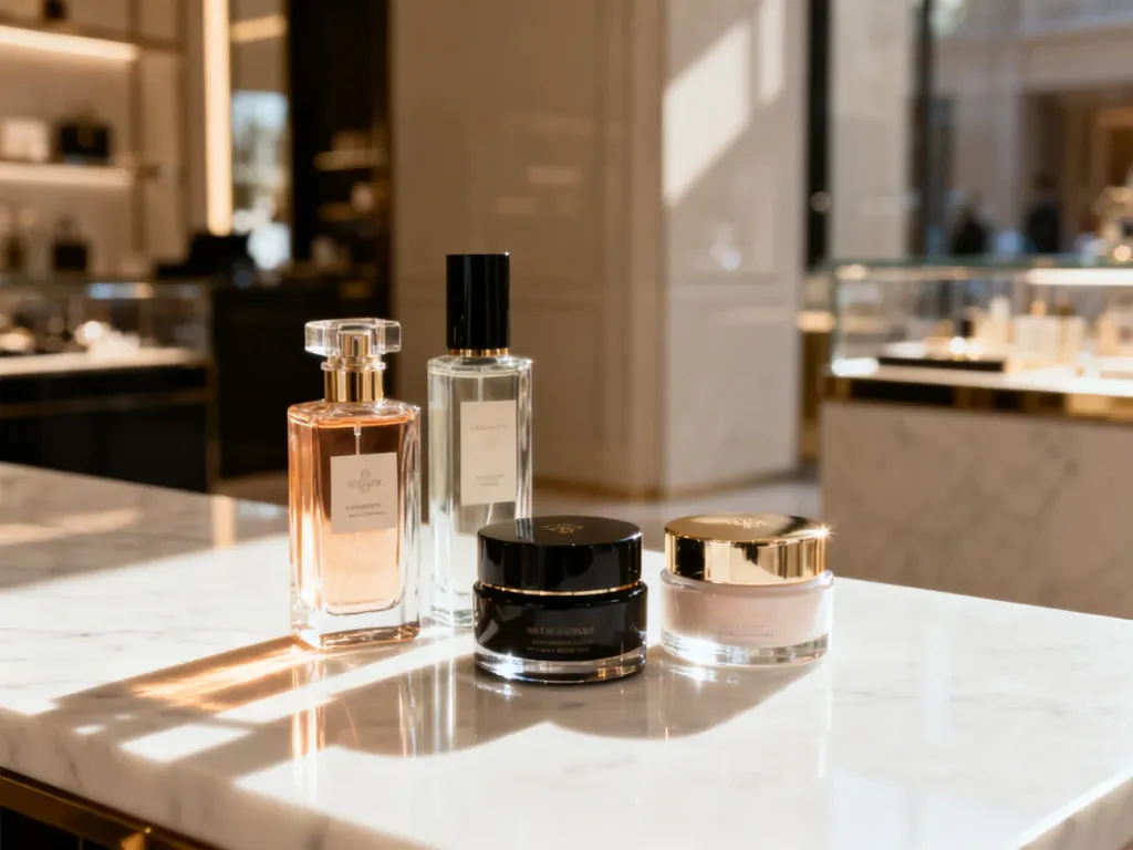 Eleganckie flakony perfum i luksusowe kosmetyki na marmurowym blacie, podkreślające prestiżowy charakter marek selektywnych.