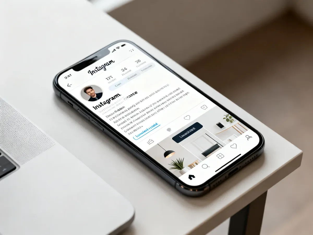 Smartfon z uporządkowanym profilem firmowym na Instagramie na minimalistycznym biurku