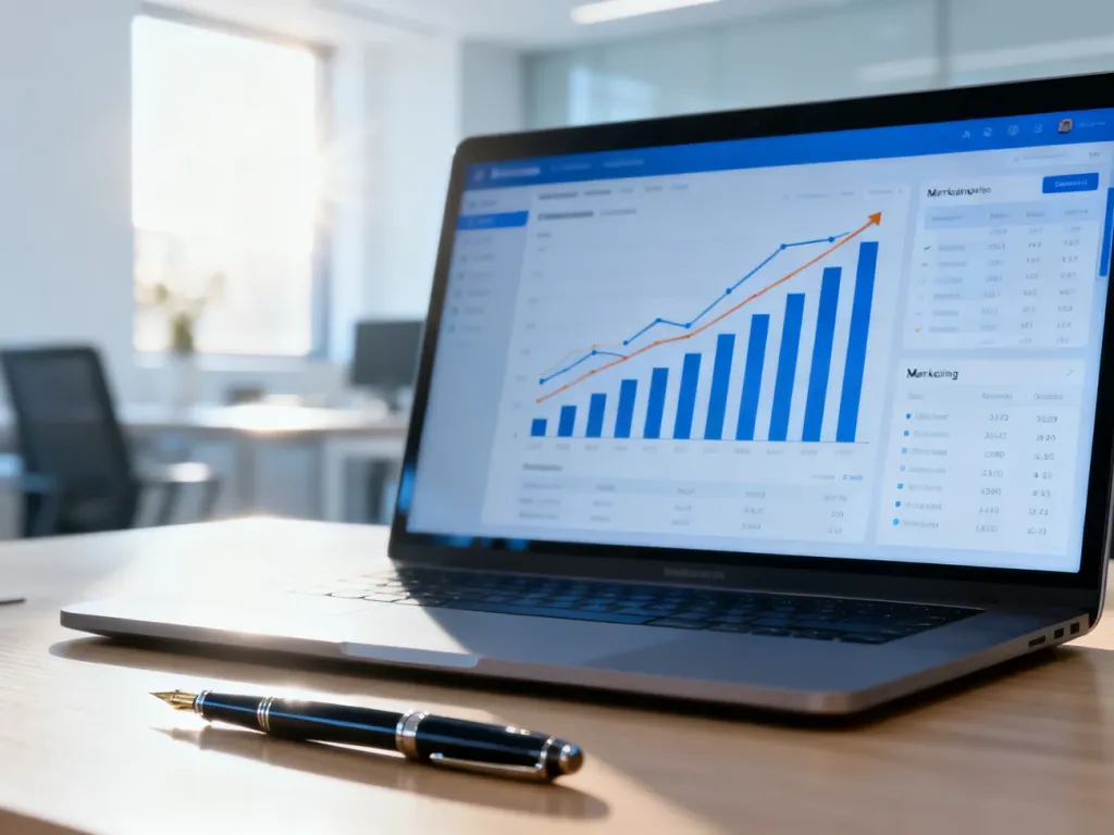 Ekran laptopa z wykresami wzrostu wskaźników marketingowych na biurku, symbolizujący analizę efektów działań contentowych.