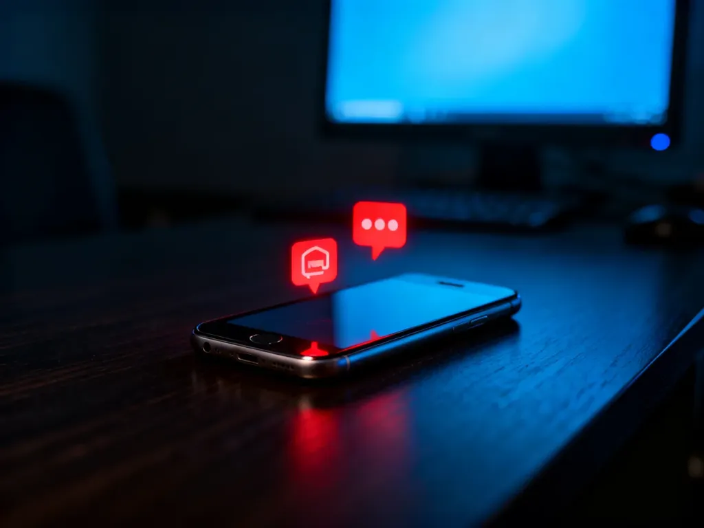Smartfon na biurku z unoszącymi się czerwonymi ikonami powiadomień, symbolizującymi toksyczne komentarze w sieci.