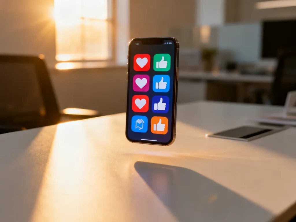 Smartfon z ikonami zaangażowania w mediach społecznościowych na tle nowoczesnego biura, symbolizujący influencer marketing.