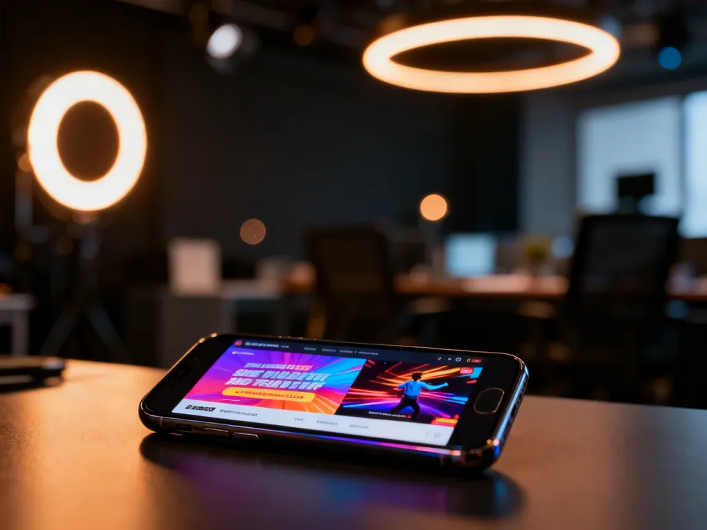Smartfon z wyświetloną reklamą wideo w nowoczesnym studiu kreatywnym, podkreślający profesjonalny proces tworzenia treści.