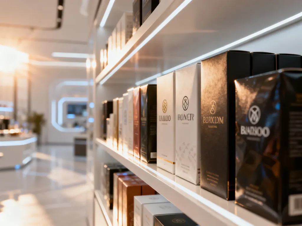 Elegancka półka sklepowa z produktami różnych marek, ilustrująca ofertę multibrandową w nowoczesnym wnętrzu.