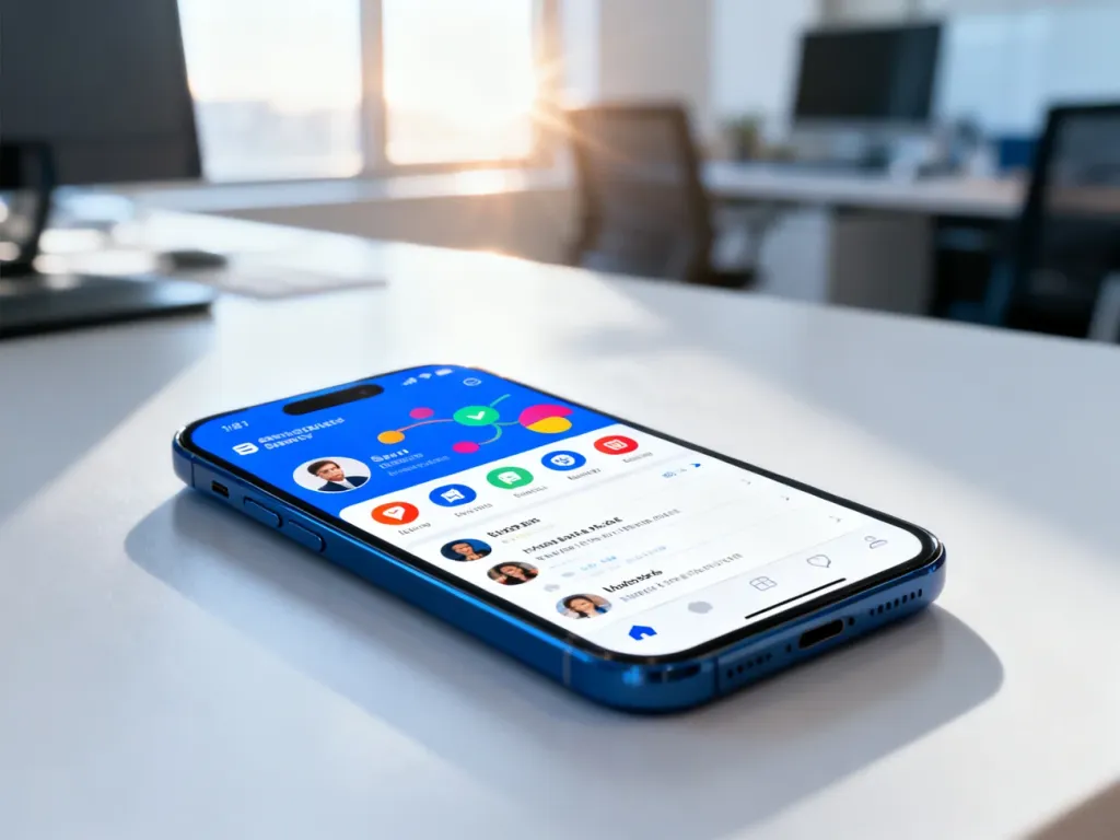 Smartfon z wyświetlonym interfejsem mediów społecznościowych w nowoczesnym biurze, symbolizujący profesjonalne prowadzenie profilu.