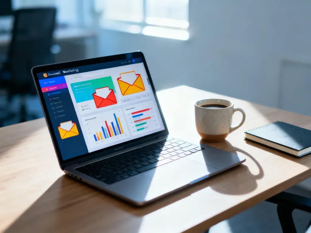 Nowoczesne stanowisko pracy z laptopem wyświetlającym pulpit nawigacyjny e-mail marketingu z wykresami i ikonami wiadomości.