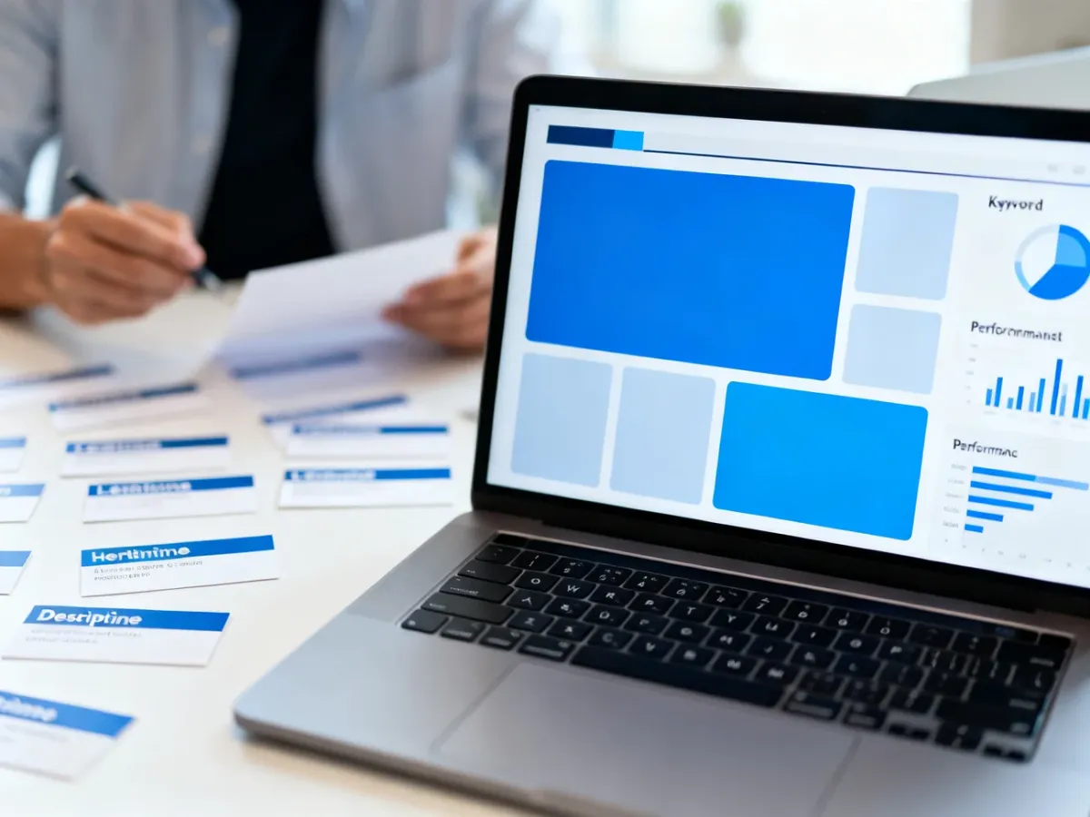 Marketer analyzing the structure and performance of a Google Ads search advertisement