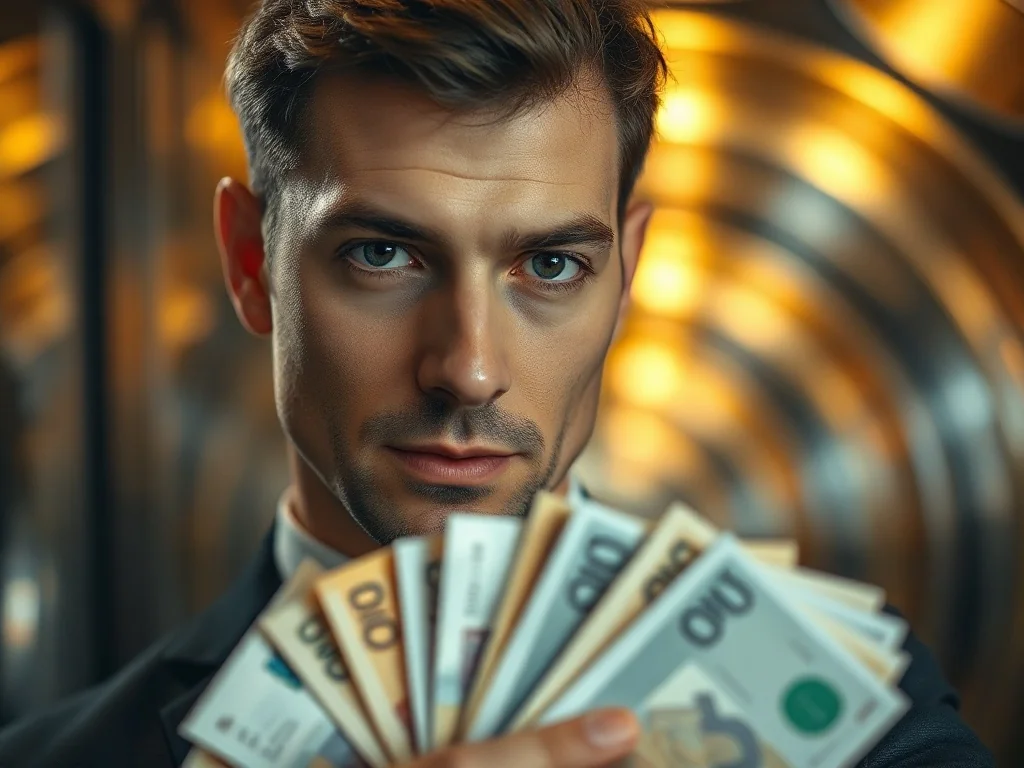 Mężczyzna w garniturze trzymający plik banknotów na tle nowoczesnego skarbca bankowego.