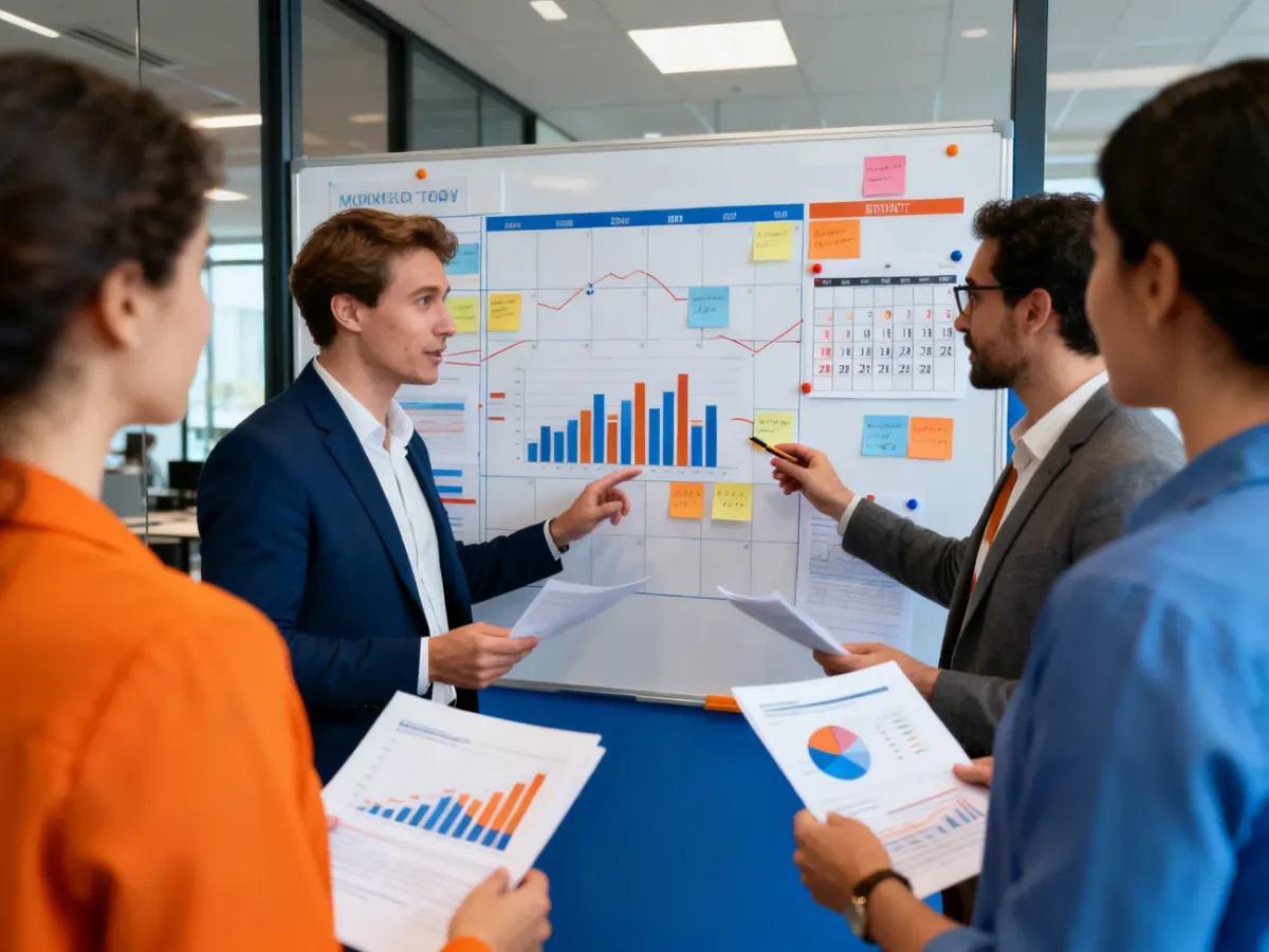 Zespół marketingowy planujący działania przy tablicy strategicznej