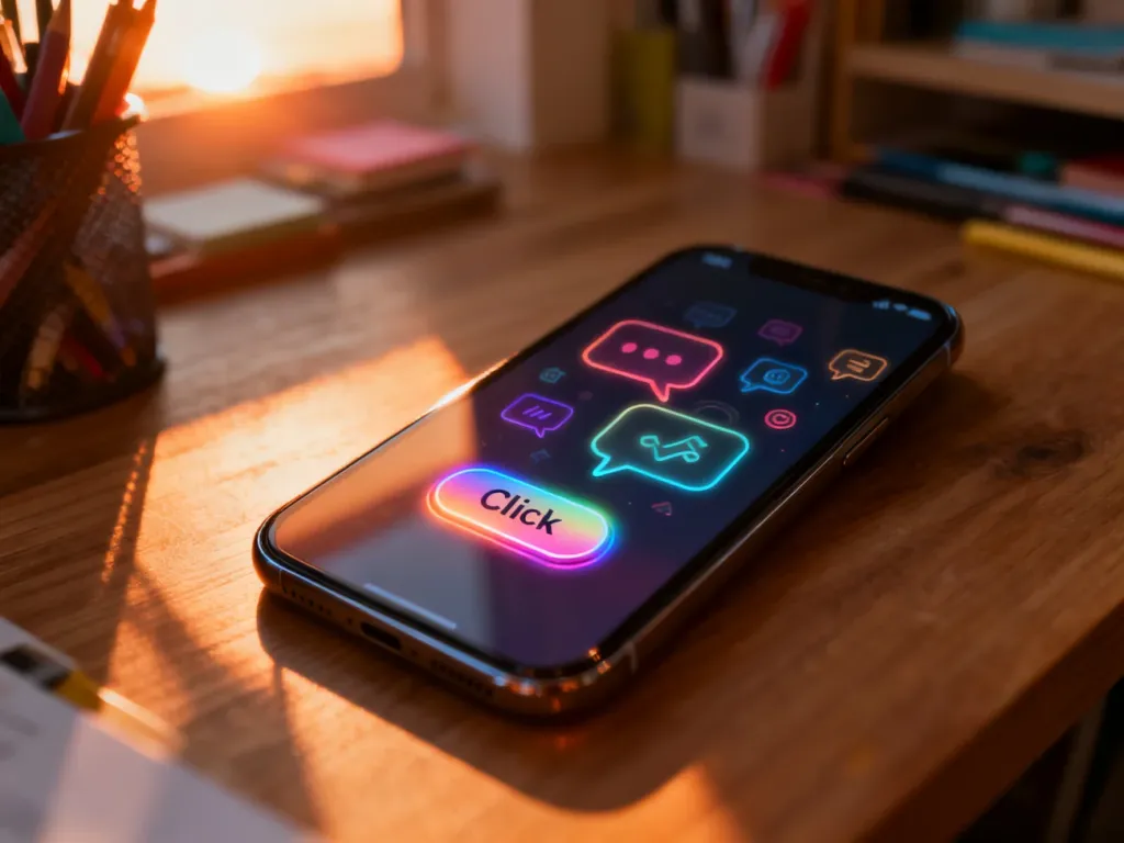 Smartfon z podświetlanym przyciskiem „kliknij” oraz ikonami powiadomień, symbolizujący skuteczne reklamy na Facebooku.