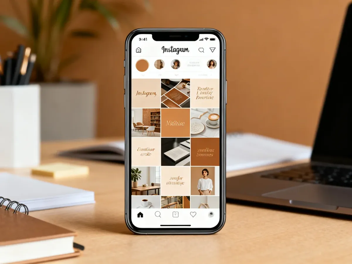 Spójna siatka profilu firmowego na Instagramie wyświetlona na smartfonie