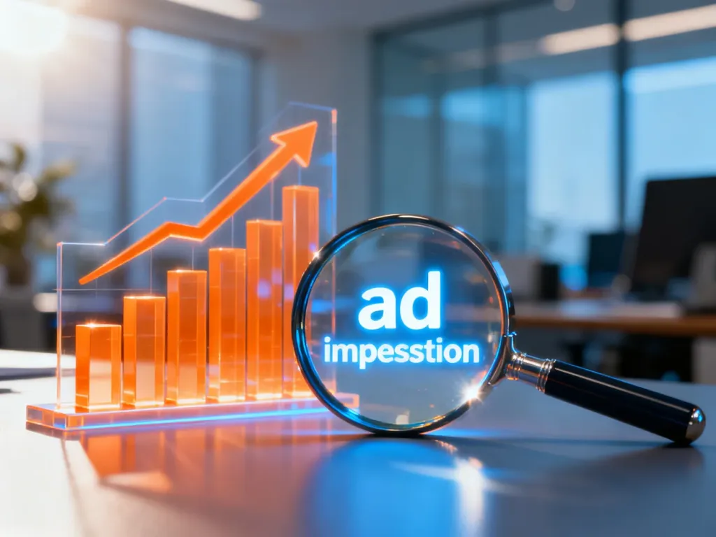 Wykres słupkowy z ikoną wyświetleń reklam, symbolizujący wzrost skuteczności kampanii w Google Ads.