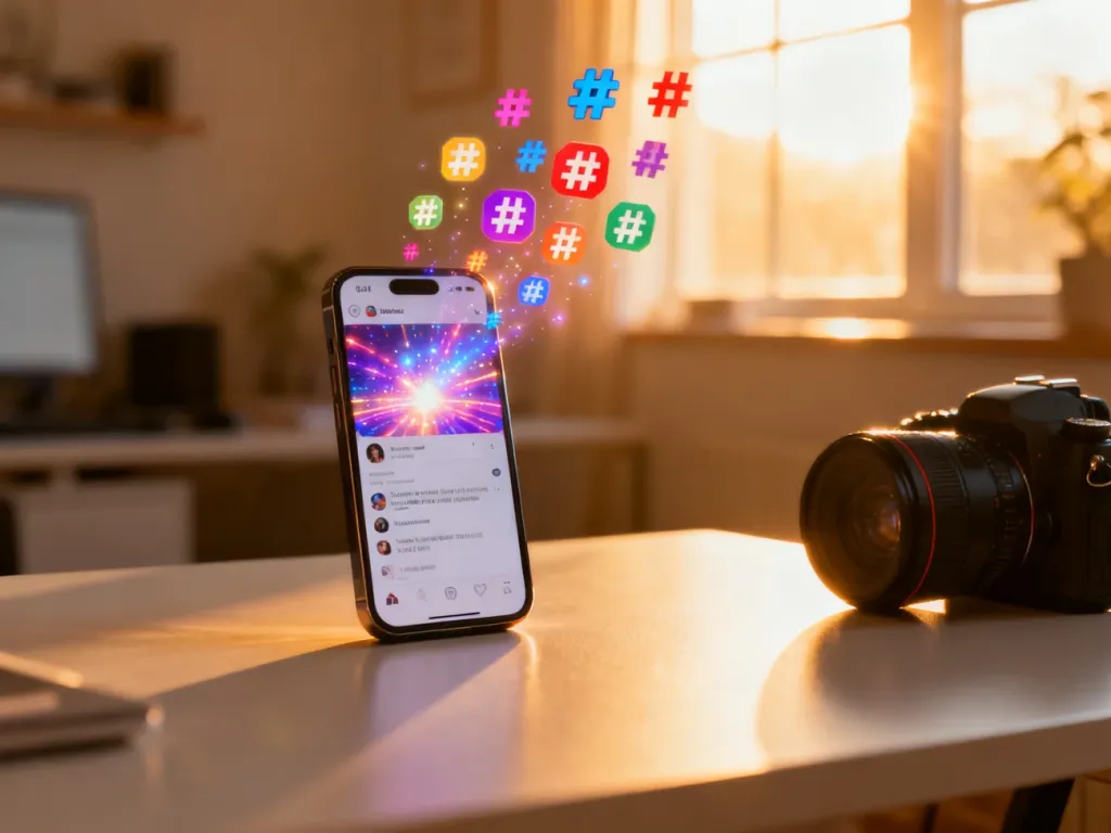 Smartfon z ikonami hashtagów na ekranie oraz aparat na biurku, symbolizujące profesjonalne budowanie zasięgów na Instagramie.