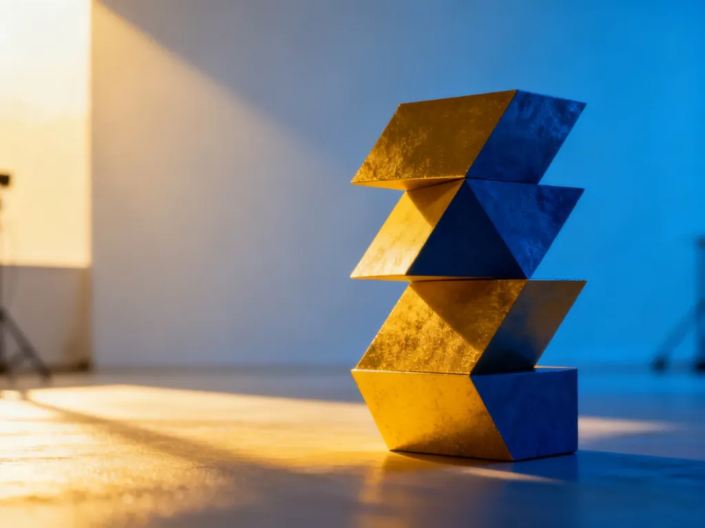 Stos geometrycznych brył w kolorach granatu i złota, symbolizujący proces zmiany i nowoczesną transformację marki.