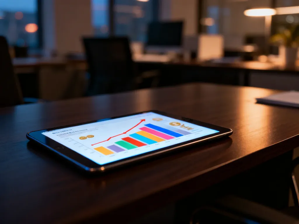 Tablet z wykresem wzrostu wyników marketingowych na biurku, symbolizujący inwestycje w reklamę na Instagramie.