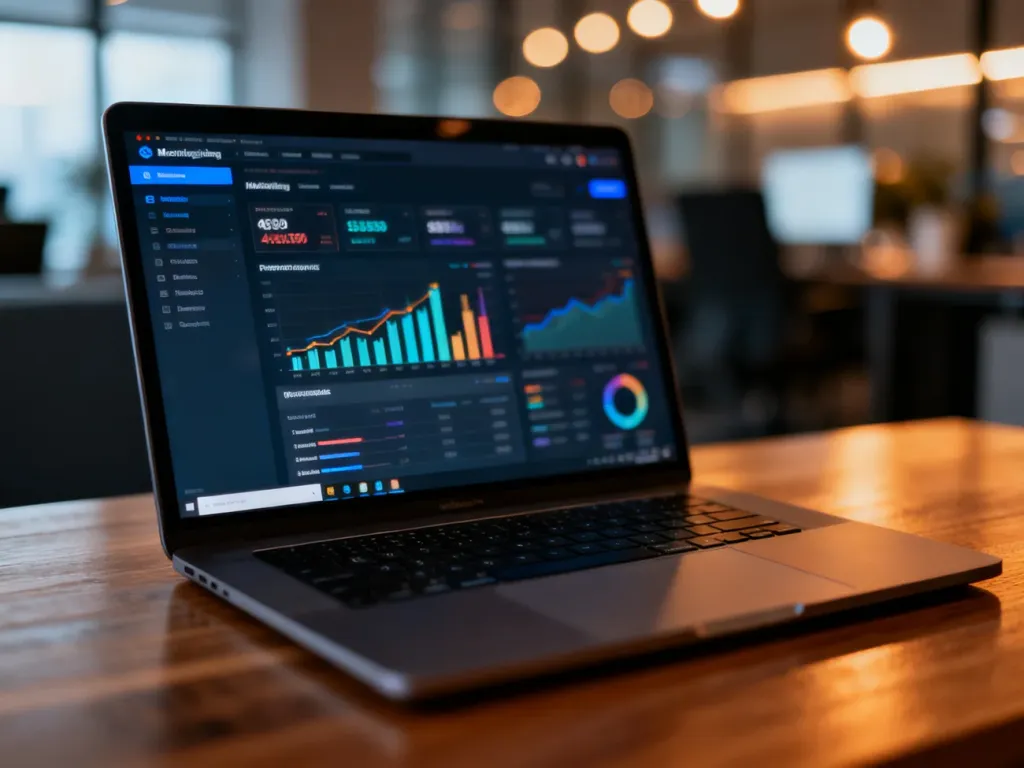 Laptop na drewnianym biurku z wyświetlonymi wykresami analityki marketingowej w nowoczesnym biurze.