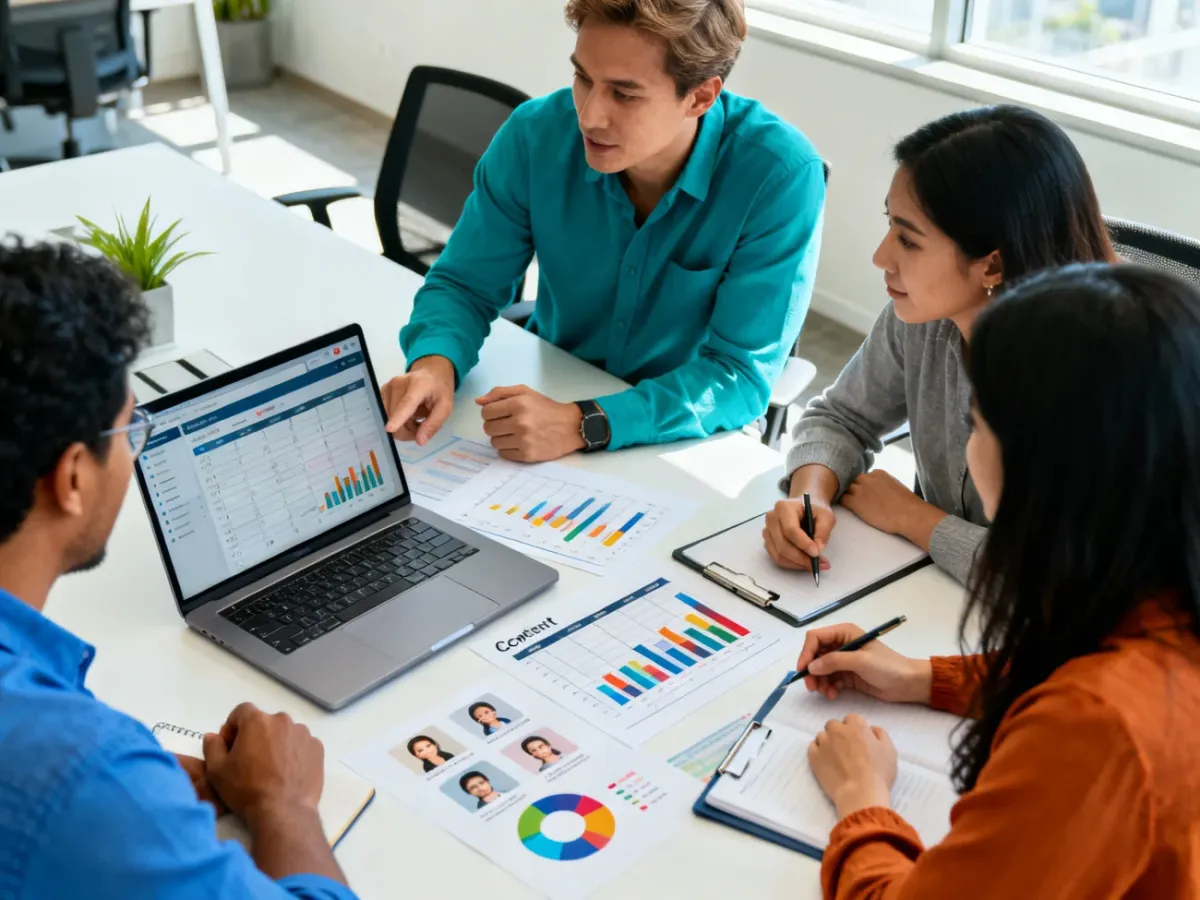 Zespół planujący strategię content marketingową przy biurku z analizami i kalendarzem treści
