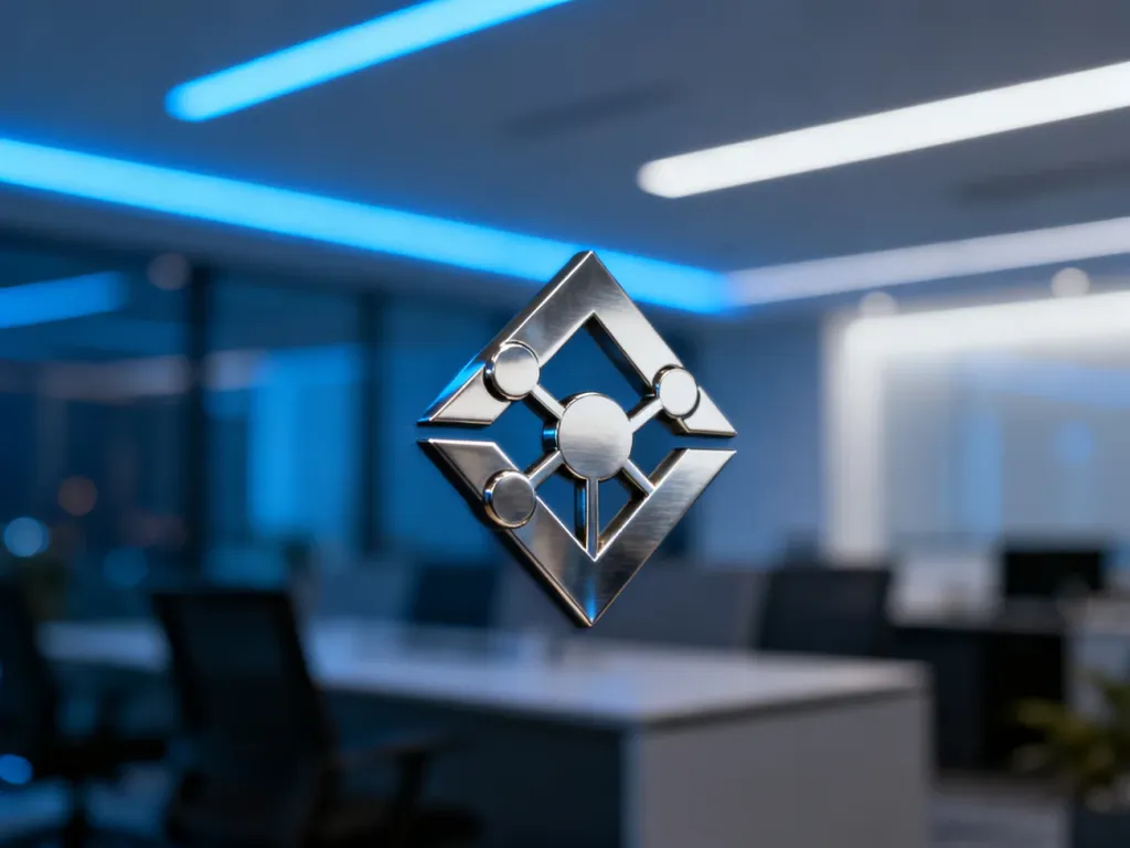 Elegancki, metalowy emblemat symbolizujący nowoczesną łączność w profesjonalnym, biurowym otoczeniu.