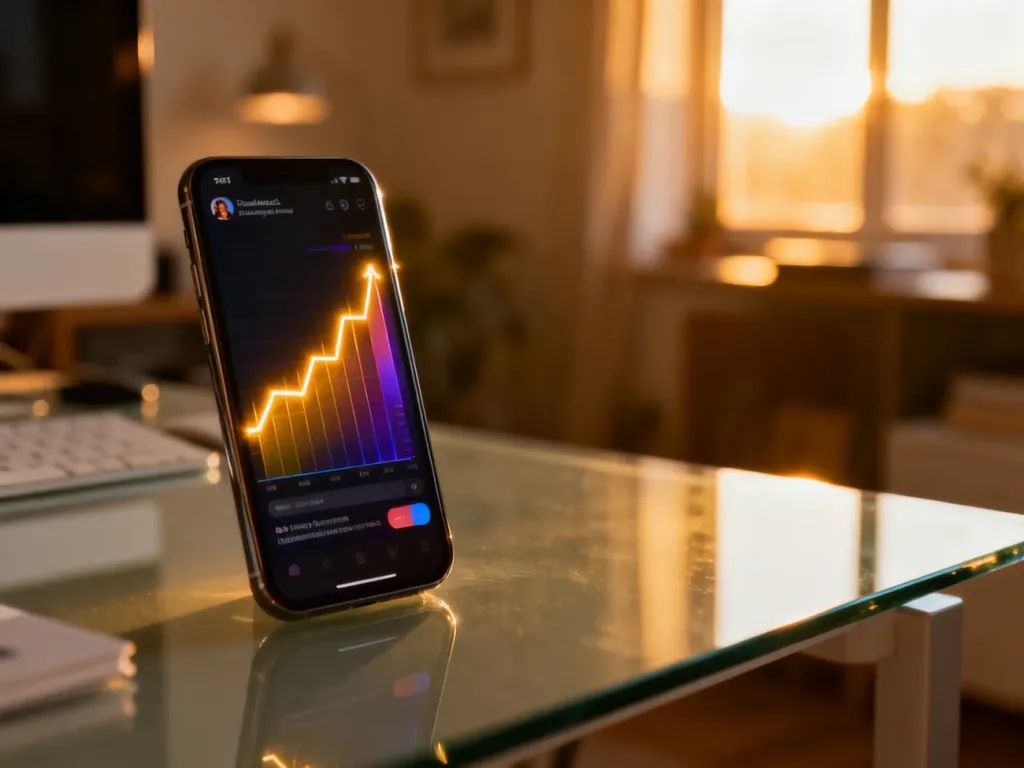 Smartfon z wyświetlonym wykresem wzrostu zaangażowania w mediach społecznościowych na tle przytulnego biura.