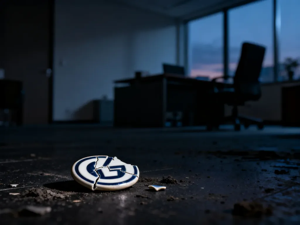 Rozbite ceramiczne logo leżące na zakurzonym podłodze, symbolizujące upadek wizerunku marki i zaniedbania biznesowe.