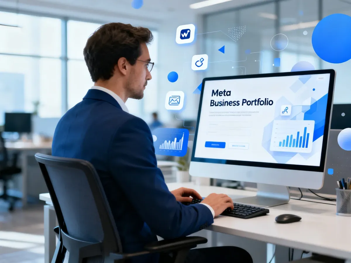Osoba konfigurująca portfolio firmowe Meta na komputerze