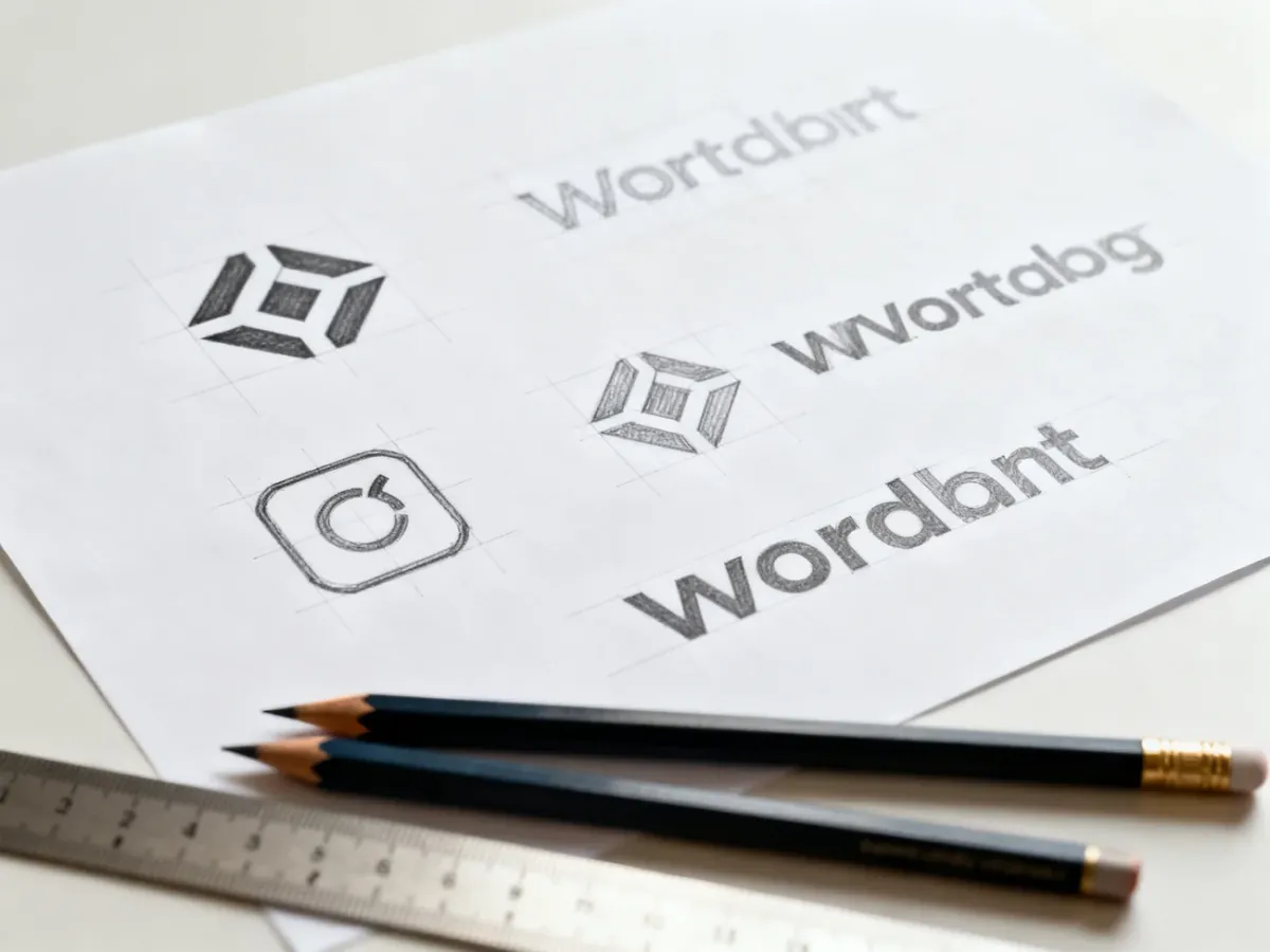 Szkice różnych wariantów logo i elementów identyfikacji wizualnej na biurku